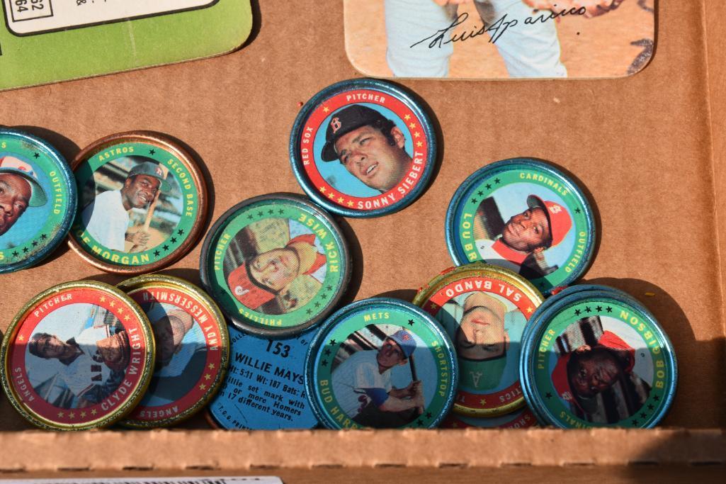 Flat of 1970's metal pogs & large cardboard cards