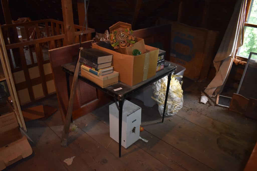 Vintage card table, tote of household items, & contents to include