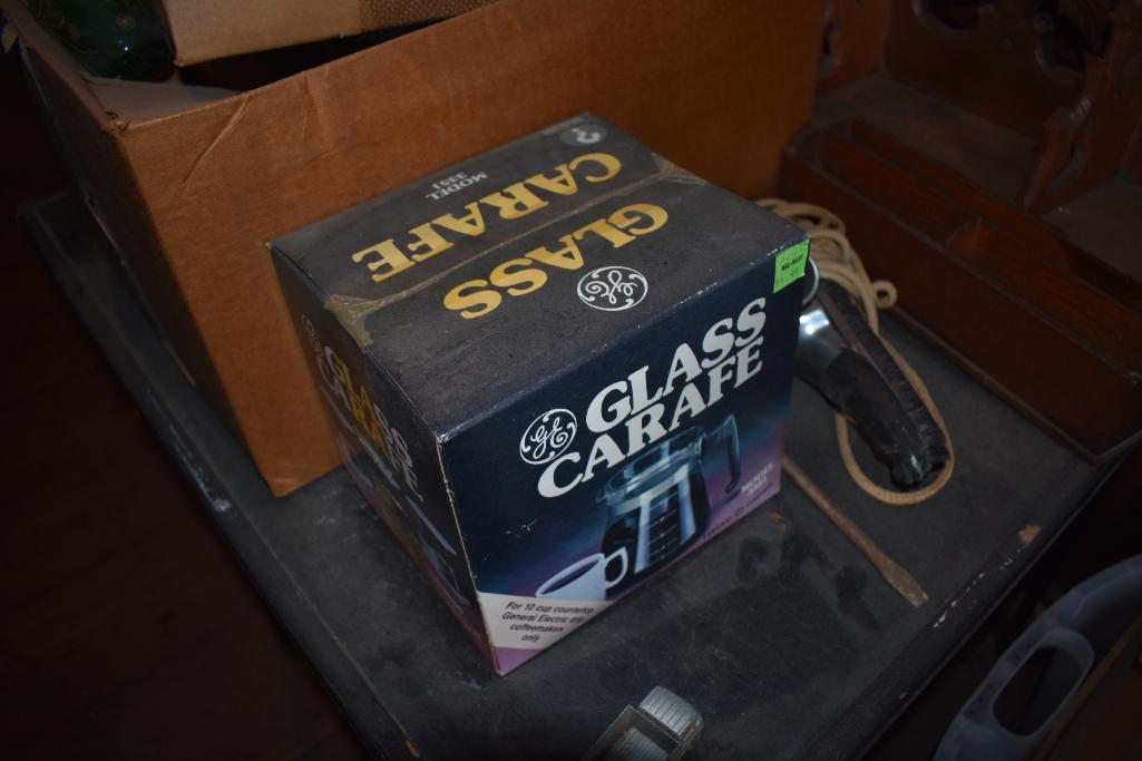 Vintage card table, tote of household items, & contents to include