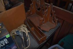 Vintage card table, tote of household items, & contents to include