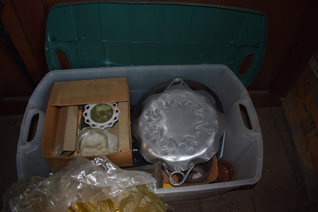 Vintage card table, tote of household items, & contents to include