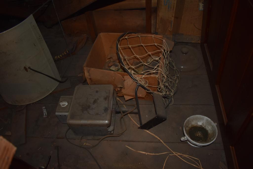 Vintage card table, tote of household items, & contents to include