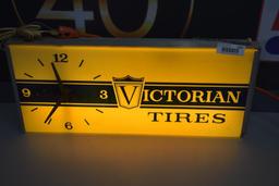 Victorian Tires single sided light up plastic face sign (Lights up and clock works)