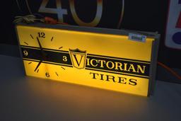 Victorian Tires single sided light up plastic face sign (Lights up and clock works)