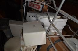 Contents of north storage trailer: toilets, concrete power trowel as is, marble, Please note new