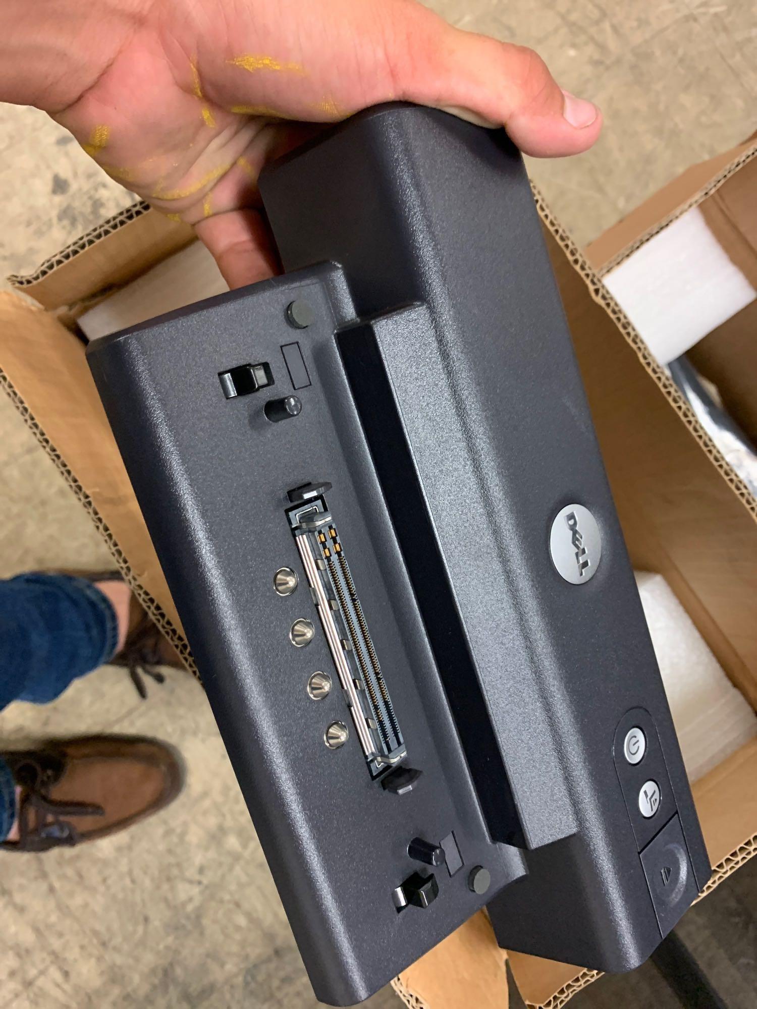 Misc Electronics (3 Dock Sta, Box of Misc, 2 Monitors, 2 Monitor Stands, 4 Printer/Scanners,