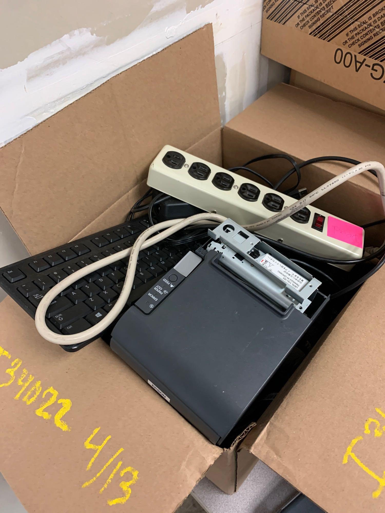 Misc Electronics (3 Dock Sta, Box of Misc, 2 Monitors, 2 Monitor Stands, 4 Printer/Scanners,