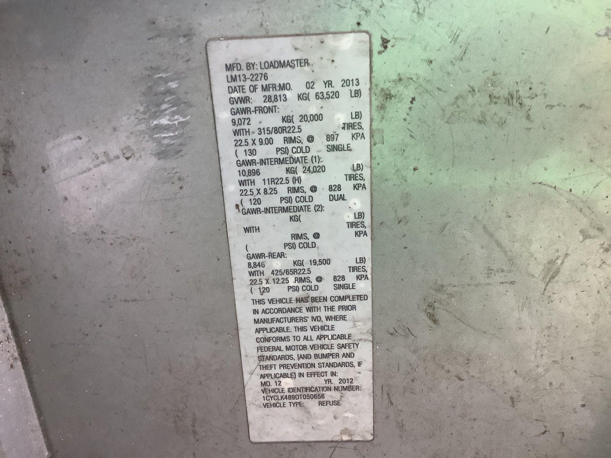 2013 Crane Carrier Co. Low Entry Rear Packer Garbage Truck
