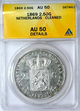 NETHERLANDS - 1869 2 1/2 GULDEN - ANACS AU50 DETAILS