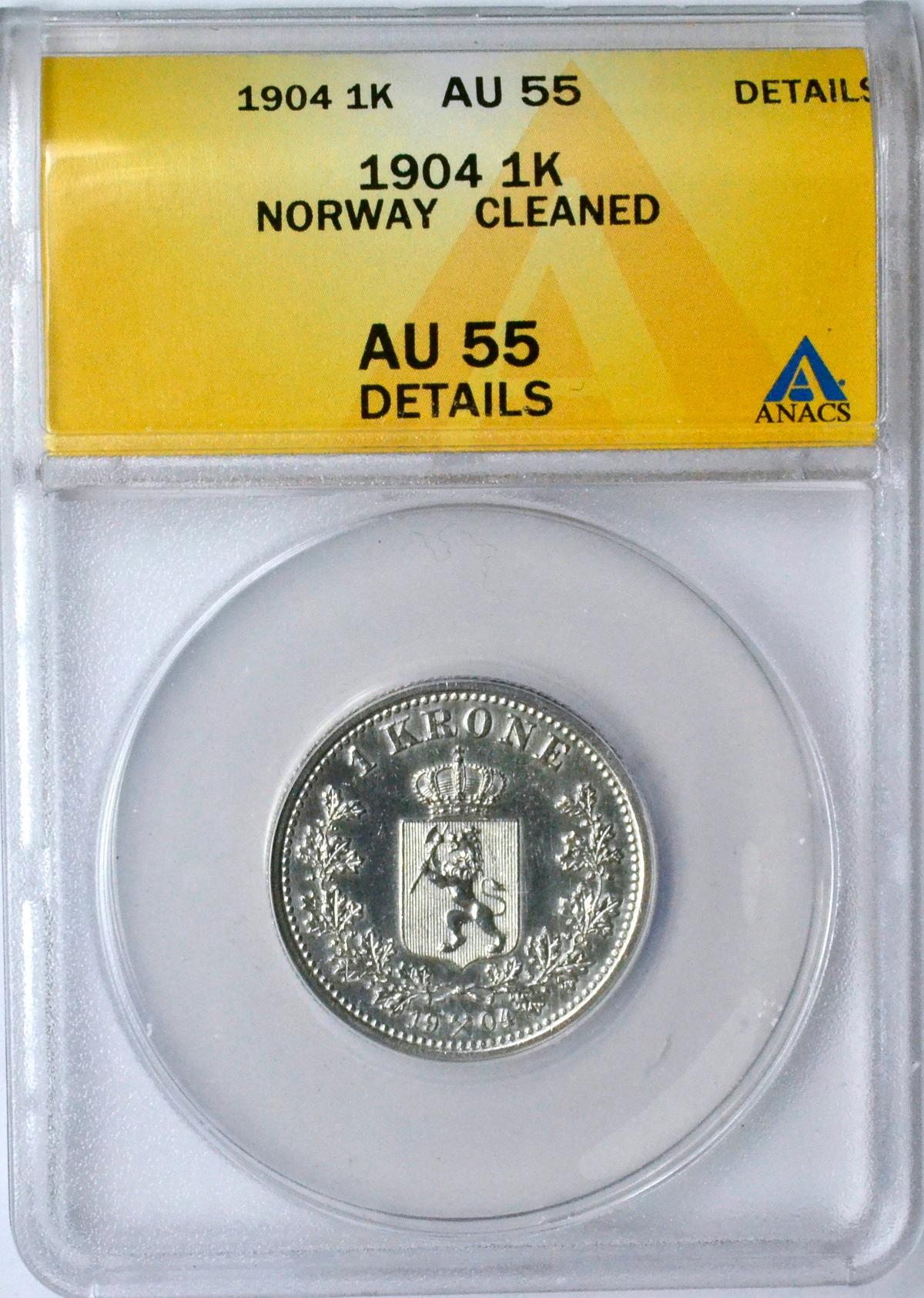 NORWAY - 1904 KRONE - ANACS AU55 DETAILS