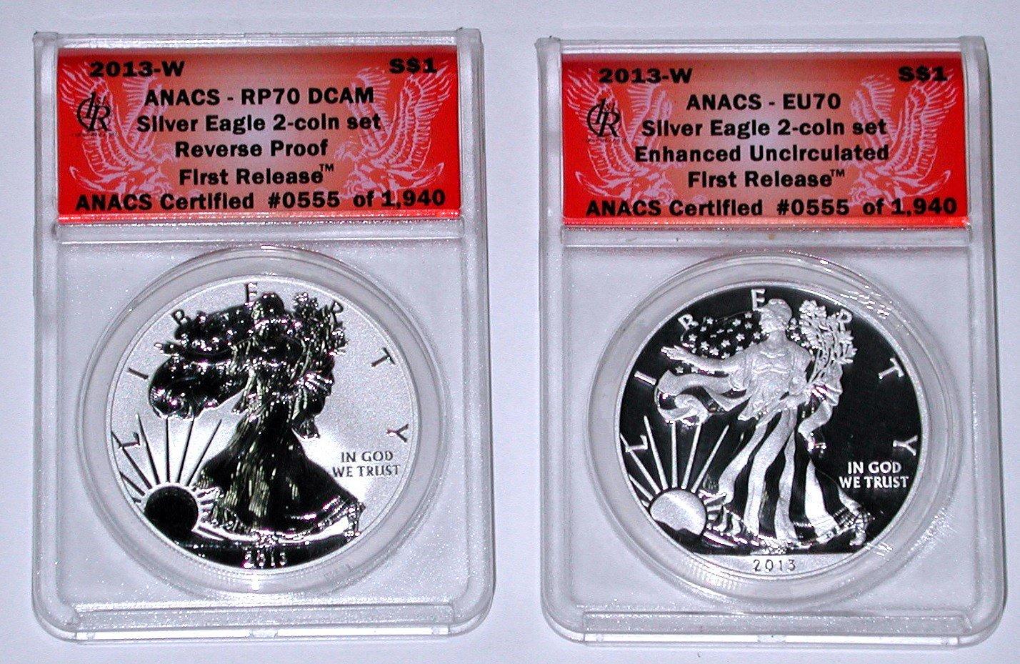 2013-W REVERSE PROOF + ENHANCED SILVER EAGLES - ANACS 70 FIRST RELEASE