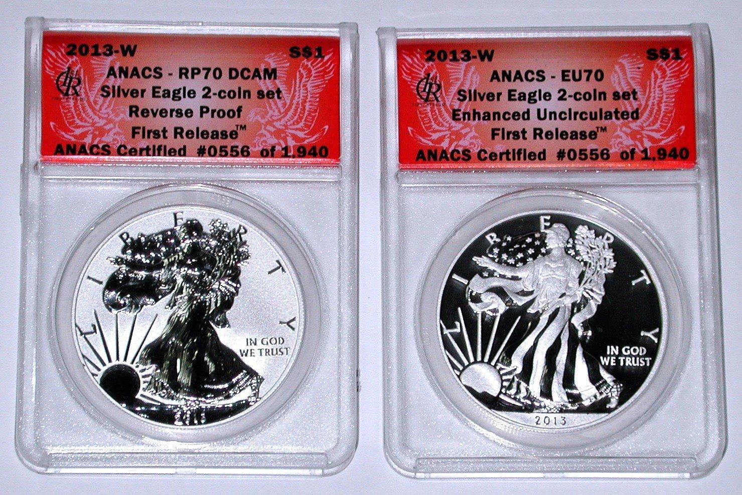 2013-W REVERSE PROOF + ENHANCED SILVER EAGLES - ANACS 70 FIRST RELEASE