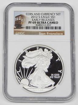 2012-S PROOF SILVER EAGLE - COIN & CURRENCY SET - NGC PF69 ULTRA CAMEO