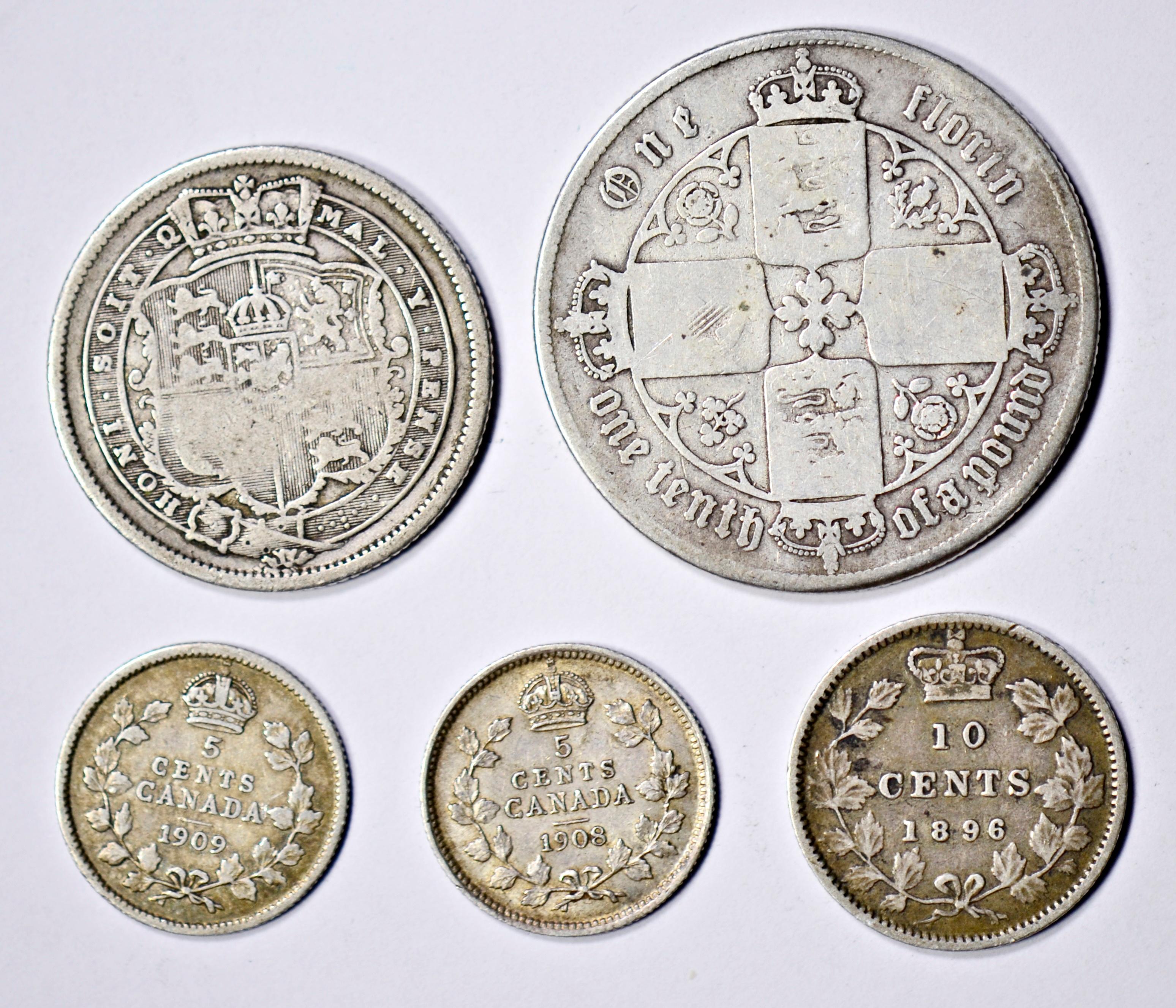 FIVE (5) OLD CANADA & GREAT BRITAIN SILVER COINS