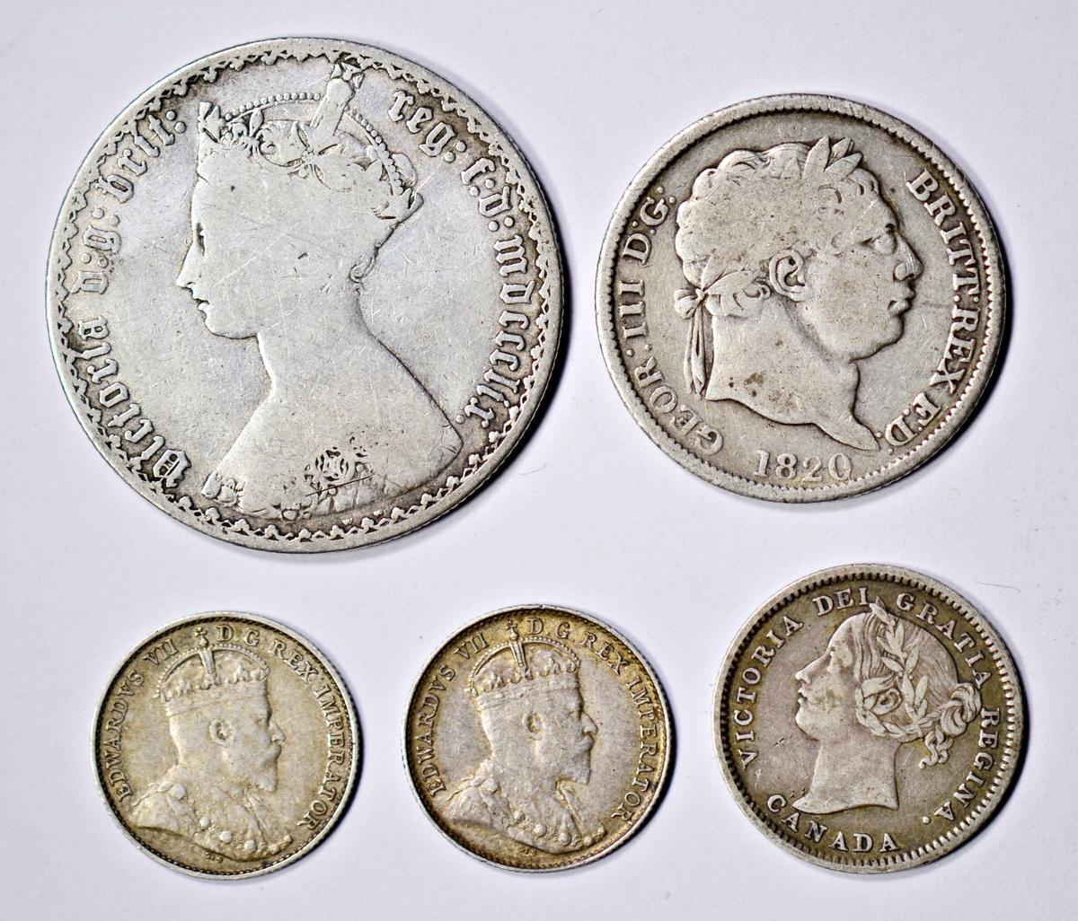 FIVE (5) OLD CANADA & GREAT BRITAIN SILVER COINS