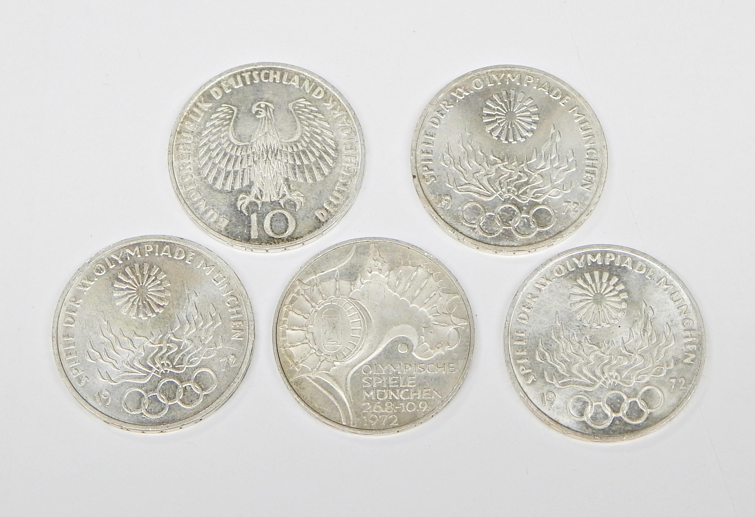 GERMANY - 5 SILVER 1970's OLYMPIC 10 MARK COINS - 1.56 TROY OZ ACTUAL SILVER WEIGHT