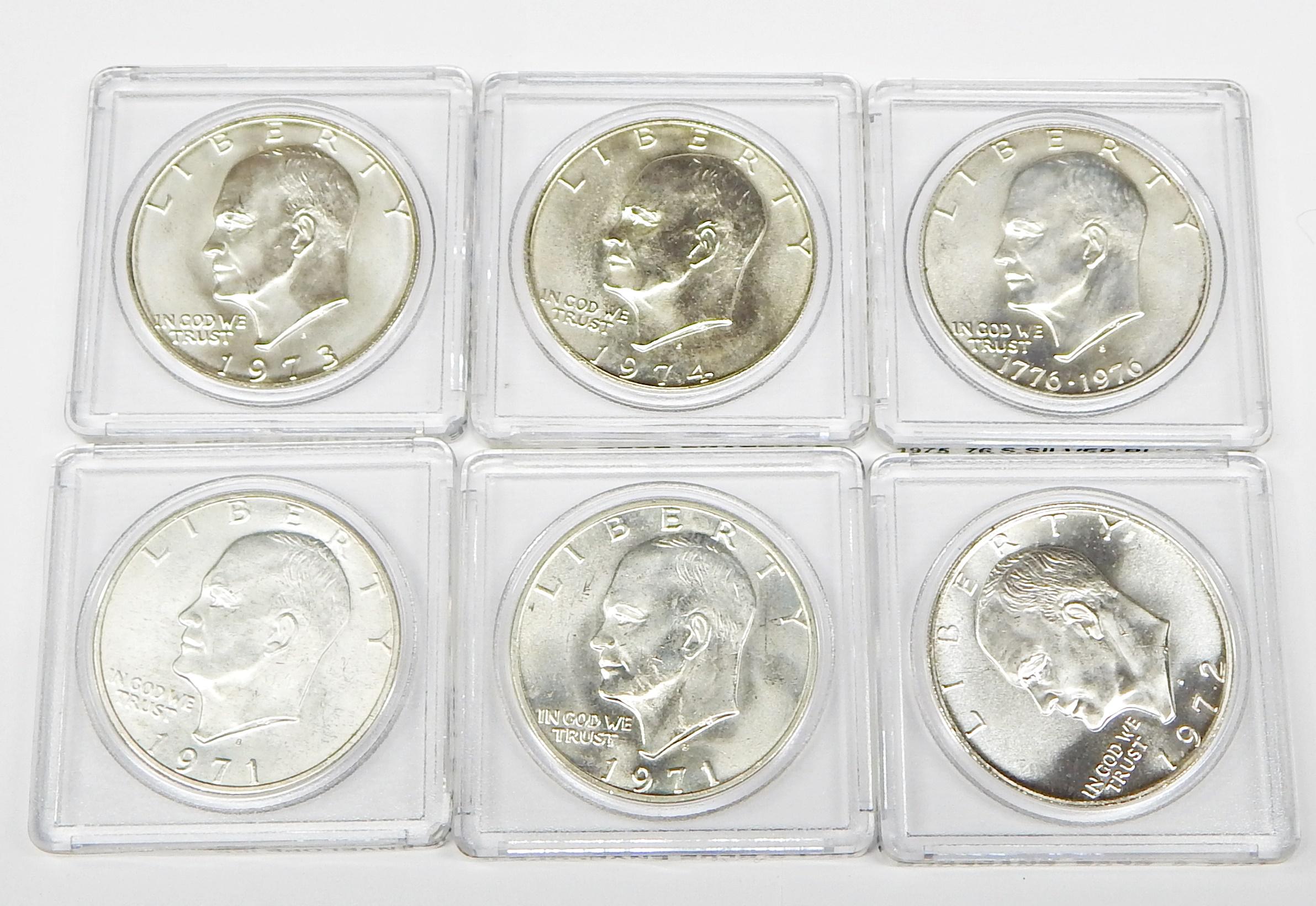 SIX (6) SILVER UNCIRCULATED EISENHOWER DOLLARS in PLASTIC HOLDERS