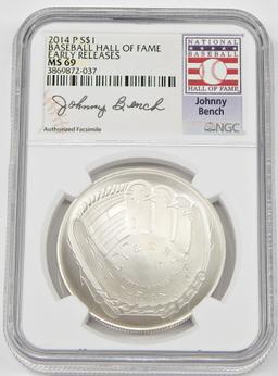 2014 BASEBALL HALL of FAME UNCIRCULATED SILVER DOLLAR - JOHNNY BENCH AUTO - NGC MS69
