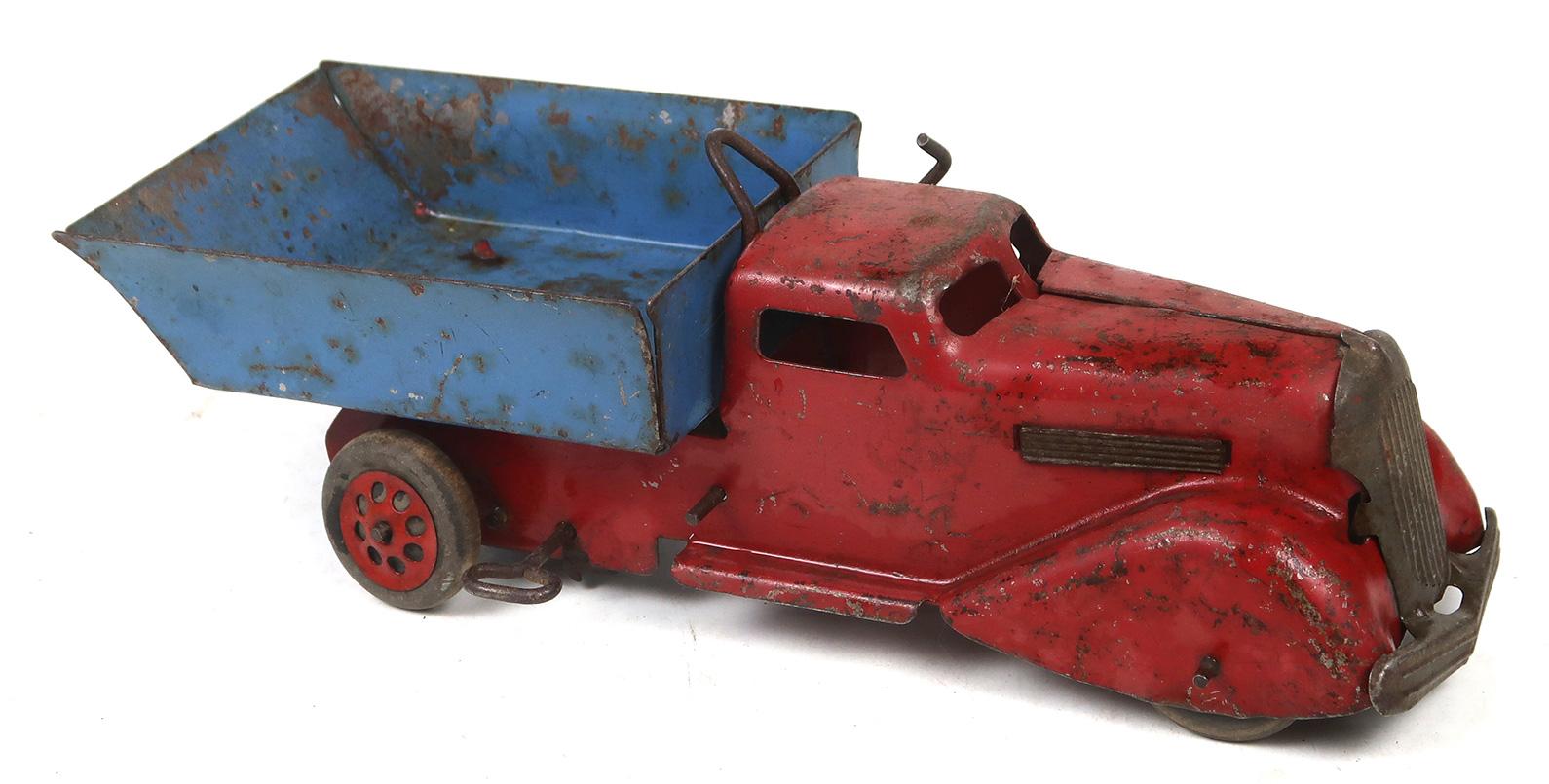 Ford Dump Trucks (2), Red & Green windup, 1930s, made by Marx, Pressed Stee