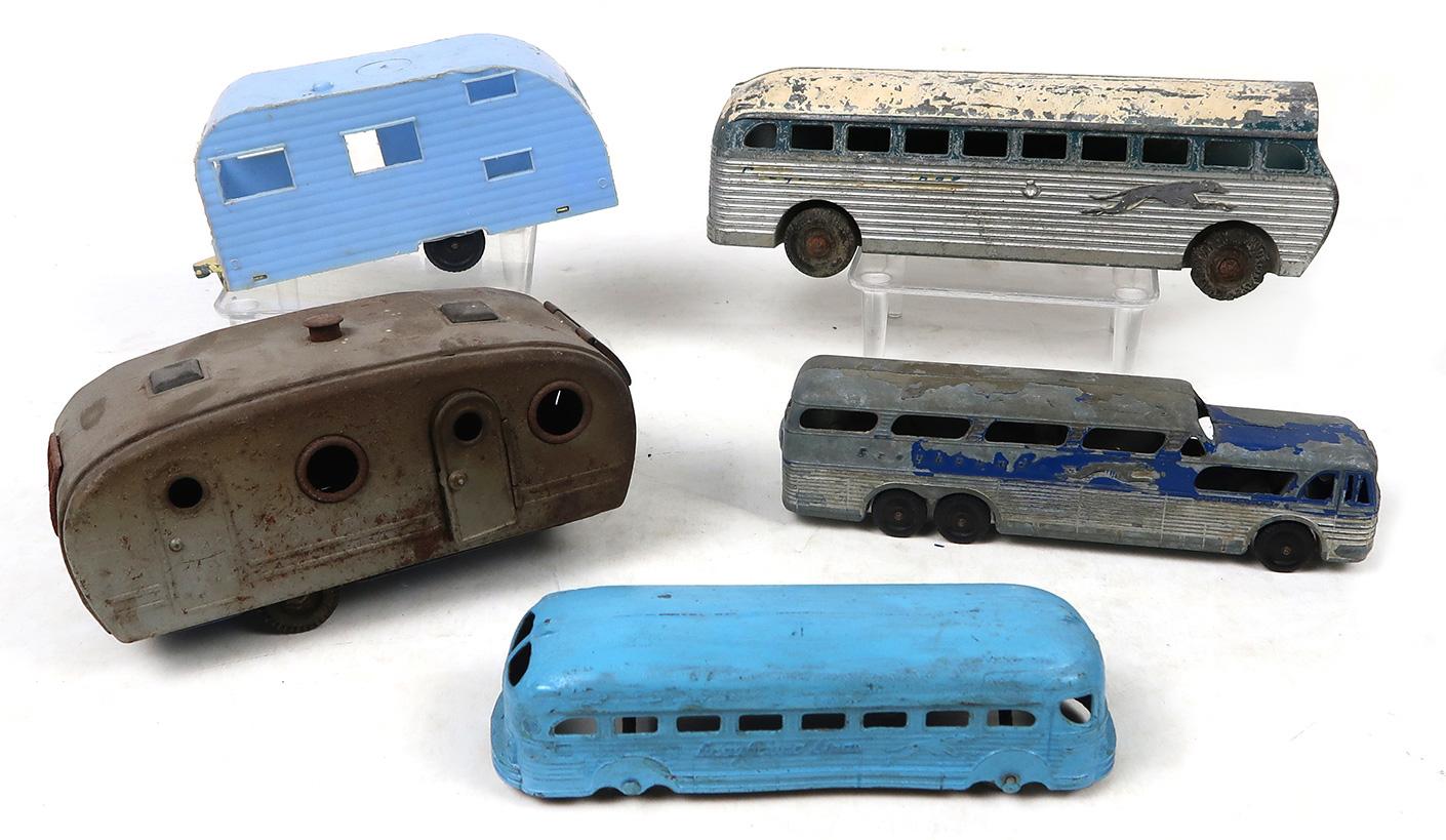 Toy Buses & Trailers (5), 3 different die-cast greyhound, a tin camper and