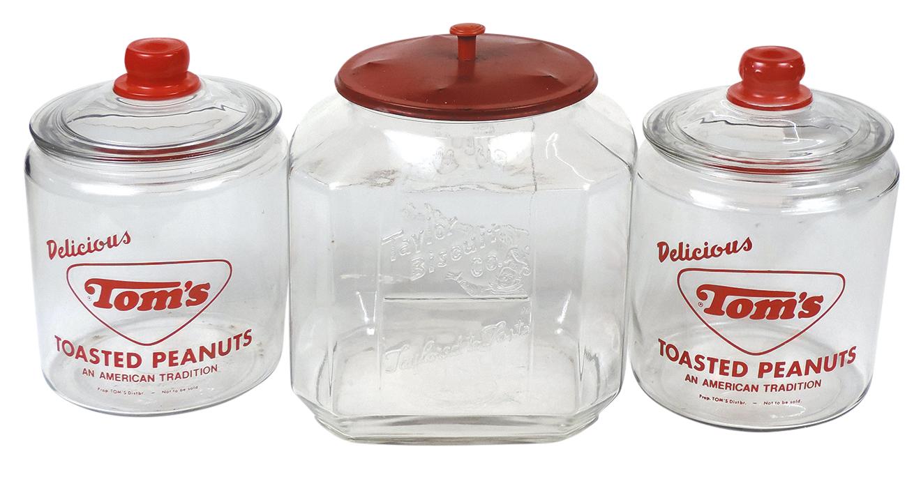 Country Store Counter Jars (3), two enameled glass Tom's Toasted Peanuts &