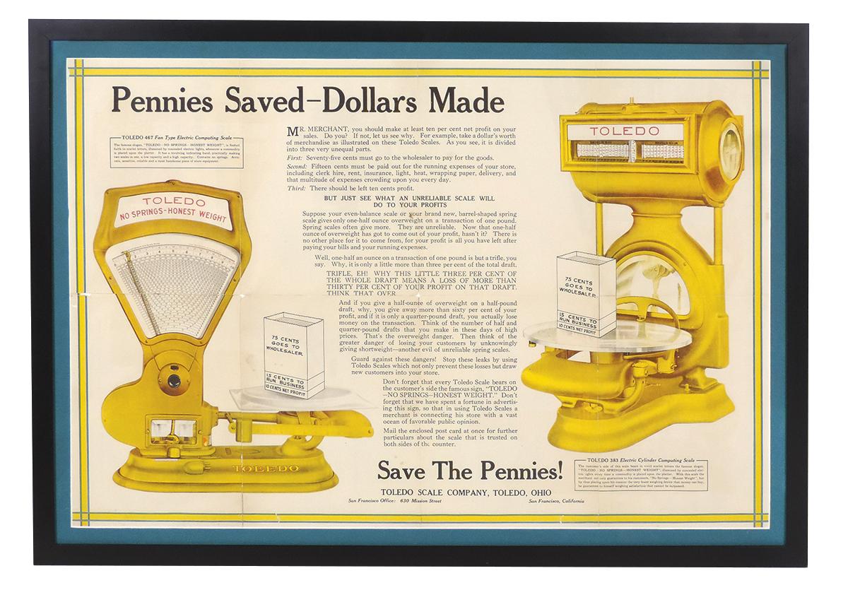 Country Store Toledo Scale Poster, folding litho mailer w/large graphics of