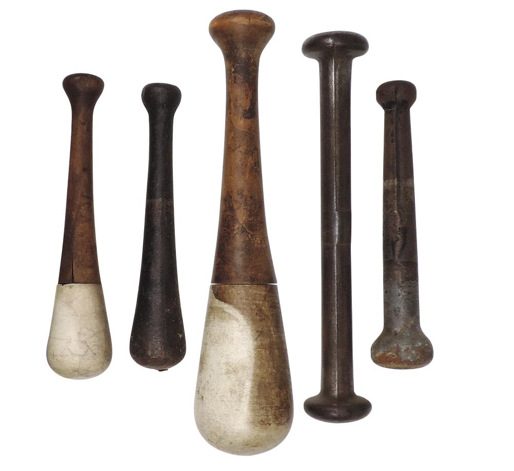 Apothecary Mortar & Pestles (5), three cast iron, one embossed Durch Krieg