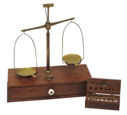 Apothecary Traveling Scale, 19th C. mahogany balance type w/brass fittings,