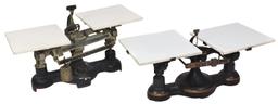 Apothecary Counter Scales (2), cast iron balance type w/milk glass platform