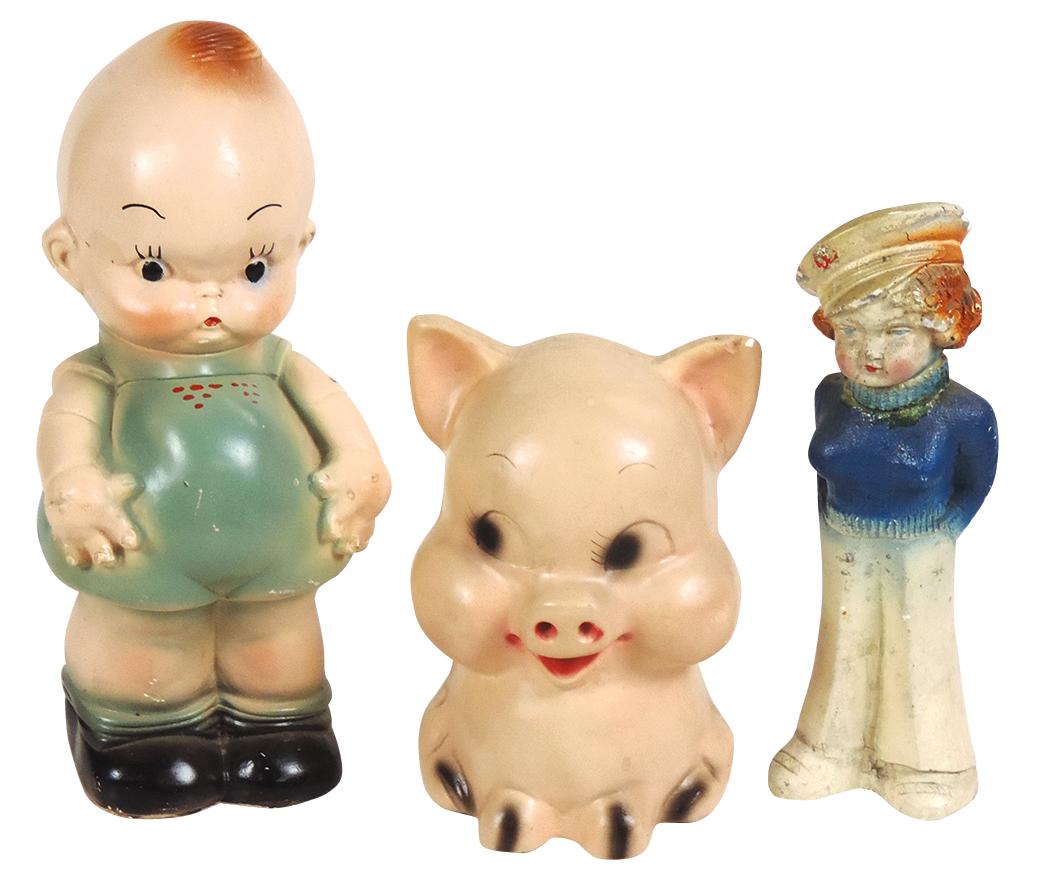 Carnival Chalkware Figures (3), Kewpie & piggy bank & sailor girl, Exc & VG