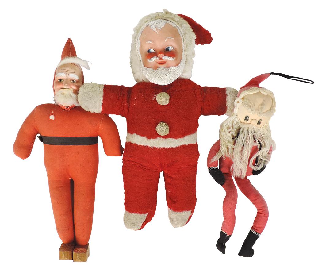 Santa Claus Dolls (3), vinyl-faced overstuffed, painted gauze w/wooden shoe