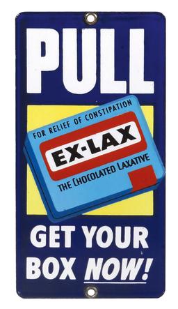 Drug Store EX-LAX Door Pull, "Get Your Box Now!", 6-color porcelain in Near