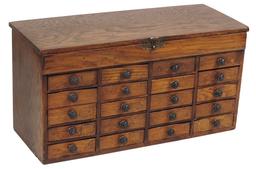 Watch Maker's Cabinet, oak w/hinged top, glass part vials & 20 drawers, VG