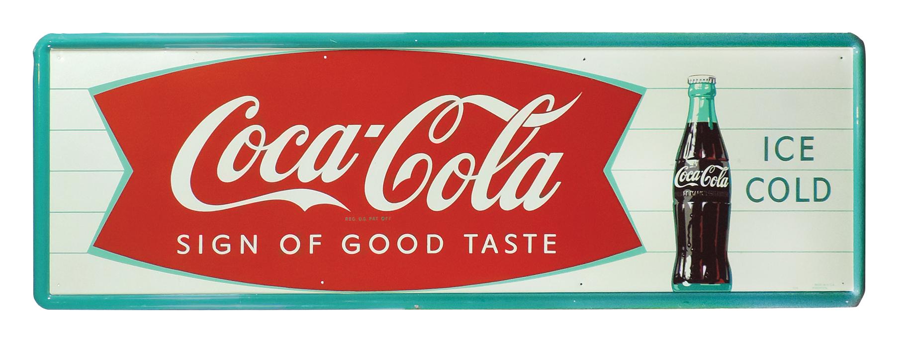 Coca-Cola Fishtail Sign, "Sign of Good Taste" w/bottle logo, self-framed me