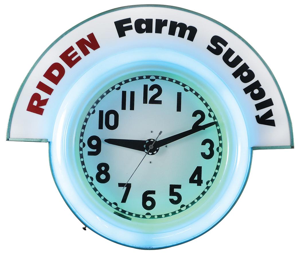 Neon Farm Dealer Clock w/Riden Farm Supply marquee,