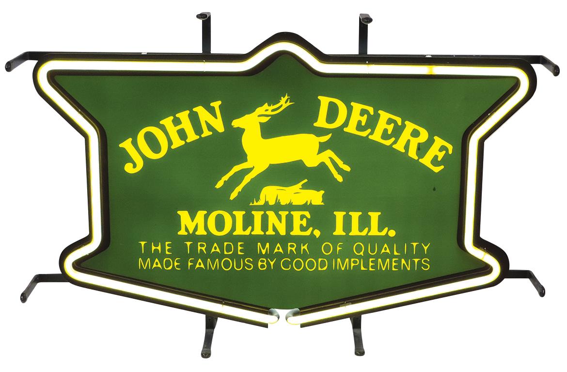 John Deere Neon Sign, translucent panel back lit w/white in a conforming ye