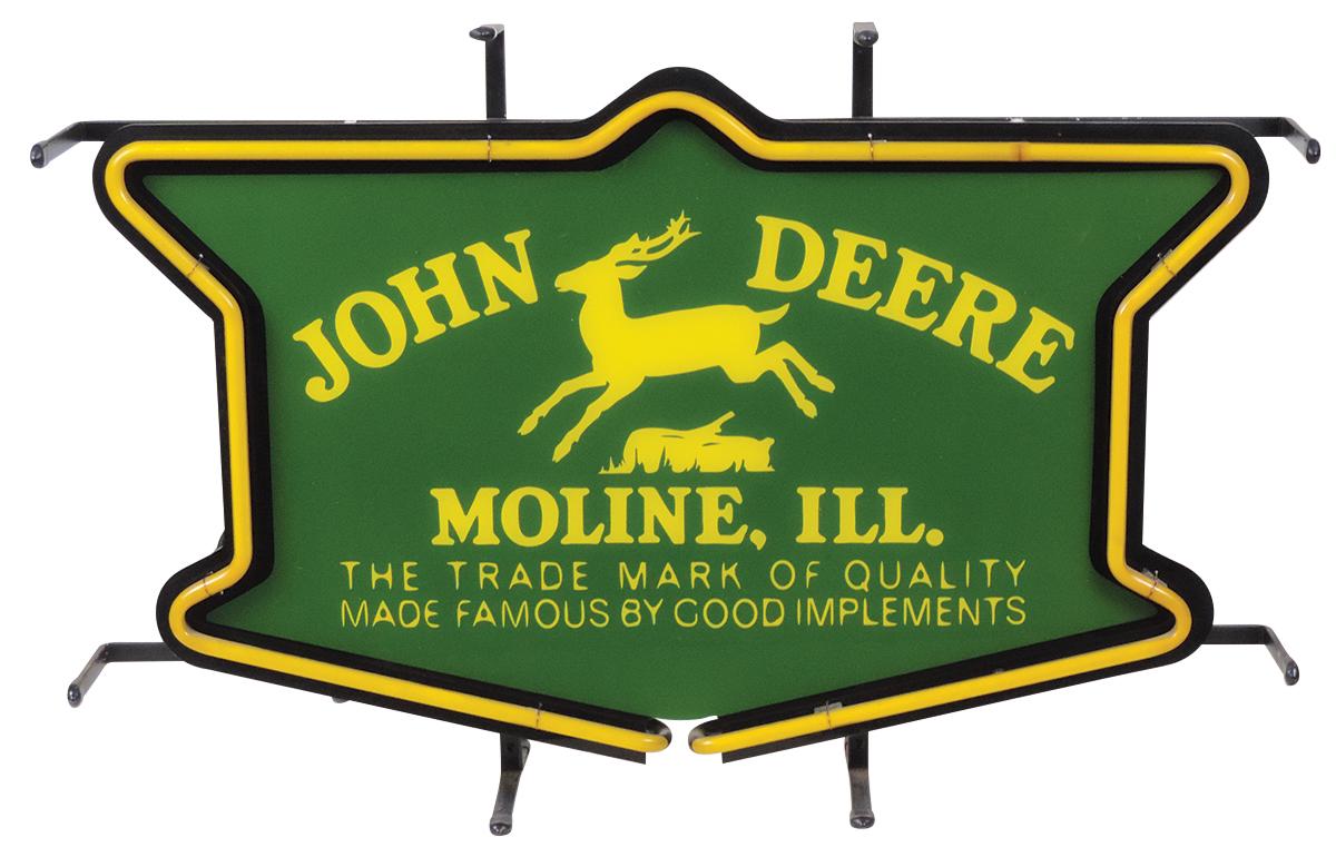 John Deere Neon Sign, translucent panel back lit w/white in a conforming ye