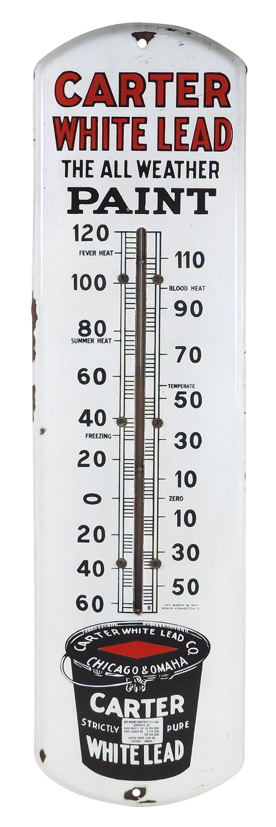 Hardware Store Carter White Lead Paint Thermometer, porcelain w/large paint