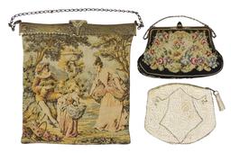 Ladies Purses (3), large tapestry woven bag of courting couple & scenic emb