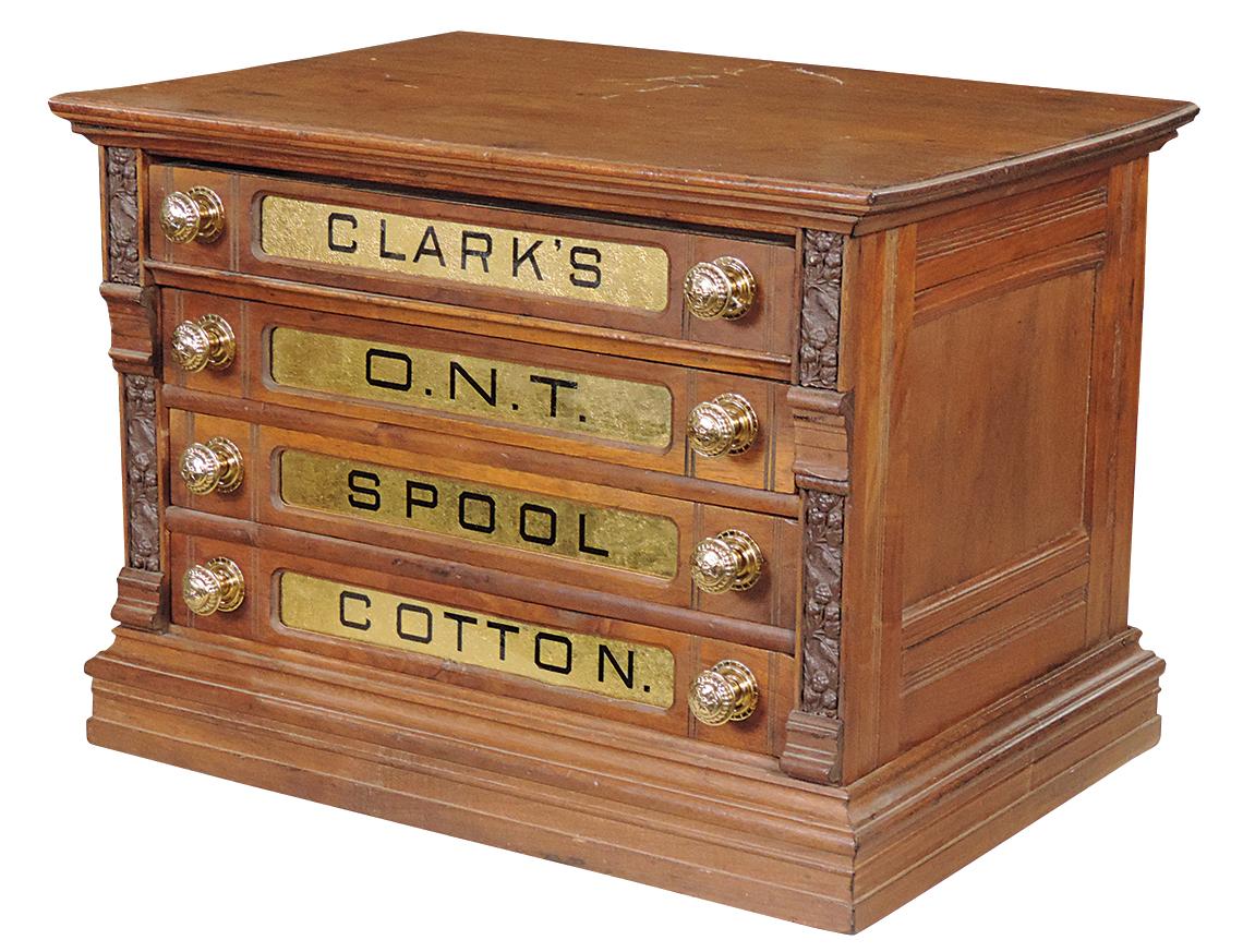 Spool Cabinet, Clark's ONT, walnut 4-drawer w/pressed designs, burnished kn