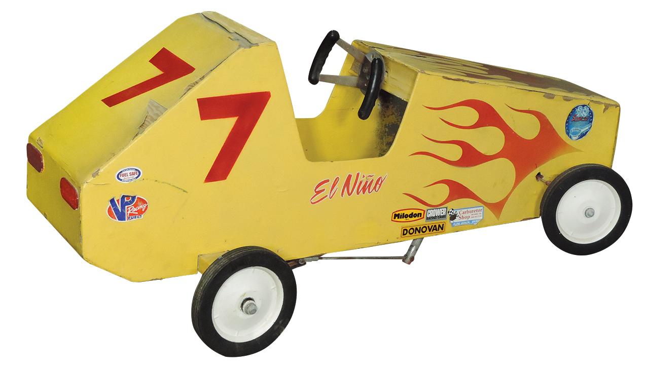 Child's Soap Box Derby Racer, painted wood w/applied flames, includes set o