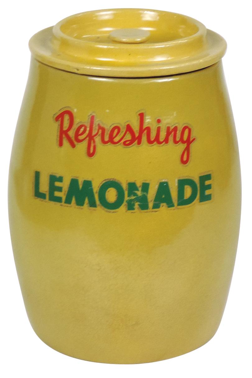 Stoneware Lemonade Cooler, mustard glass w/matching cover & "Refreshing Lem