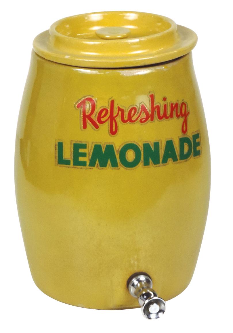 Stoneware Lemonade Cooler, mustard glass w/matching cover & "Refreshing Lem