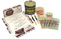 Planters Peanut Items (15), early 1# tin w/Mr. Peanut on front, playing car