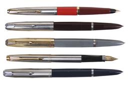 Fountain Pens (5), all Parker, 3 #51's, 45 & 35, Exc untested cond, 5.5"L.