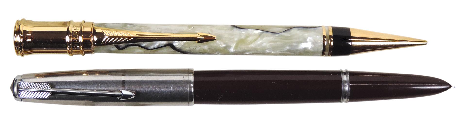 Fountain Pens (2), Parker Duofold pearl & gold mechanical pencil, Mint cond