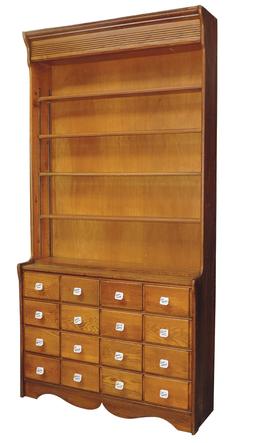 Apothecary Cabinet, 19th C., one-piece oak w/16 drawer base below 4 setback