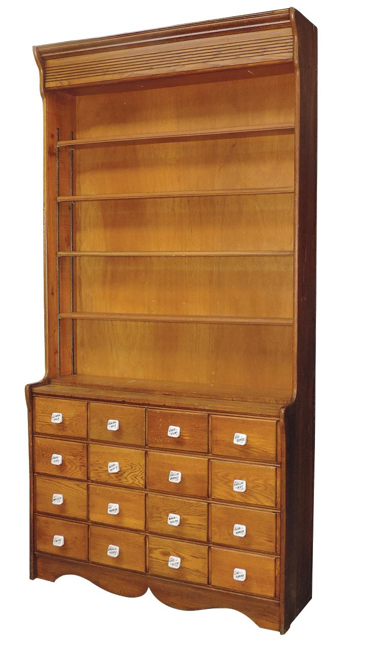 Apothecary Cabinet, 19th C., one-piece oak w/16 drawer base below 4 setback