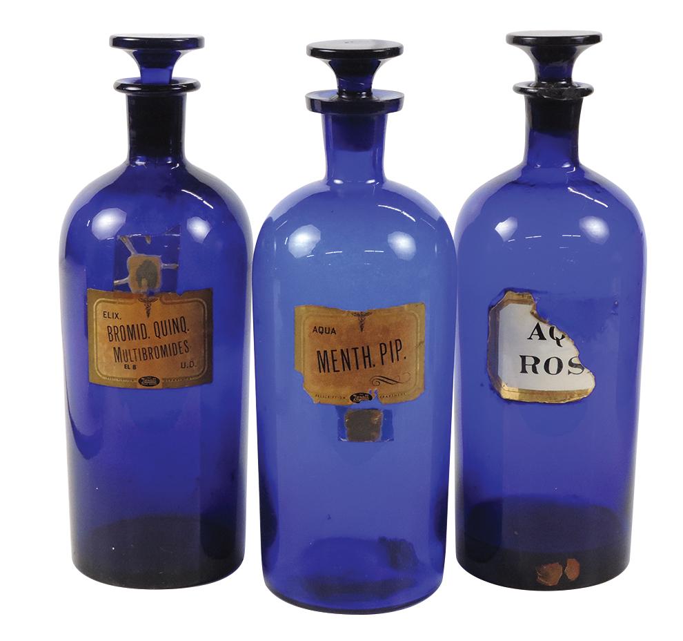 Apothecary Bottles (3), matching cobalt blue w/stoppers, 1 w/partial LUG &