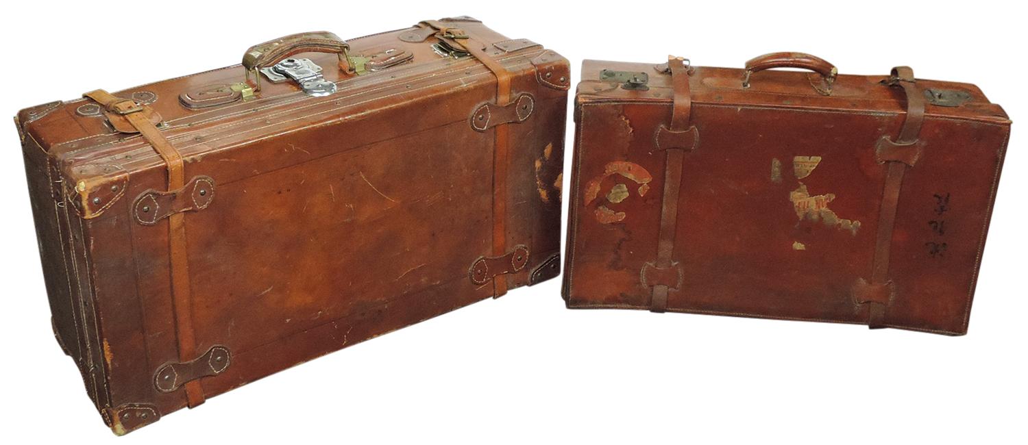 Travel Cases (2), leather w/expanding tops & straps, c.1900, both high qual